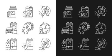Batarya işleme simgeleri karanlık ve aydınlık moduna ayarlandı. Akümülatörler yeniden kullanılıyor. Geri dönüşüm teknolojisi. Özelleştirilebilir ince çizgi sembolleri. İzole vektör çizimi çizimleri. Düzenlenebilir vuruş