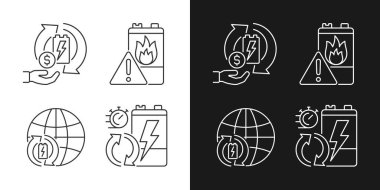 Karanlık ve aydınlık moduna ayarlanmış dünya endüstrisi doğrusal simgelerinin geri dönüşümü. Eski pilleri sat. E-atık işleme oranı. Özelleştirilebilir ince çizgi sembolleri. İzole vektör çizimi çizimleri. Düzenlenebilir vuruş