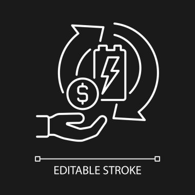 Para için geri dönüşüm pilleri. Koyu tema için beyaz doğrusal simge. Kullanılmış cep telefonu sat. Geri dönüşümle kazanıyorum. İnce çizgi özelleştirilebilir illüstrasyon. Gece modu için izole vektör kontur sembolü. Düzenlenebilir vuruş