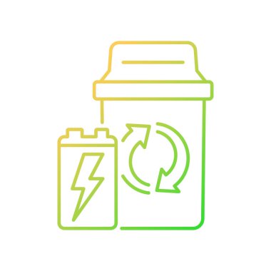 Batarya yok etme gradyanı doğrusal vektör simgesi için bir kap. Geri dönüşüm ve yeniden kullanım. Elektronik atık kutusu. İnce çizgi renk sembolü. Modern tarz pictogram. Vektör izole çizimi