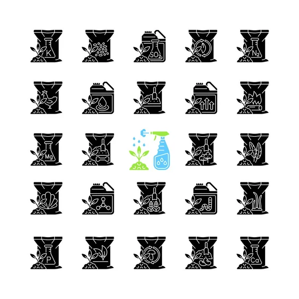 Engrais Type Glyphe Noir Icônes Fixées Sur Espace Blanc Compléments — Image vectorielle