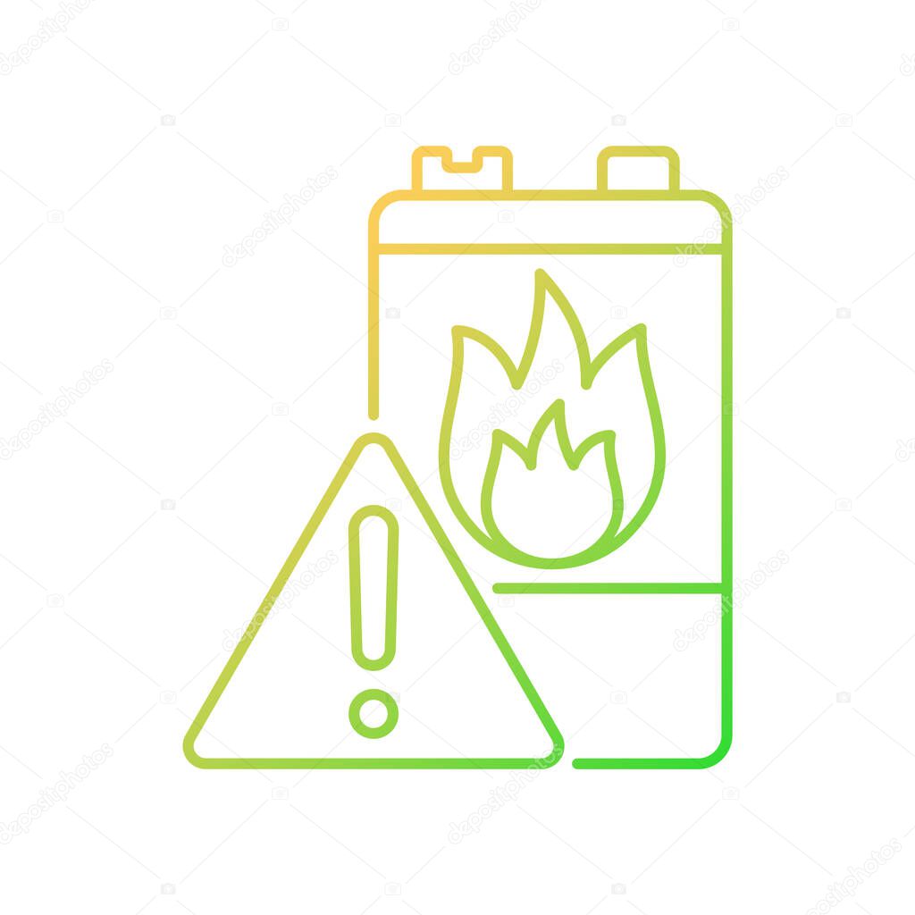 Battery flammability gradient linear vector icon. Accumulator flash point. Thermal runaway. Fire start risk. Thin line color symbol. Modern style pictogram. Vector isolated outline drawing