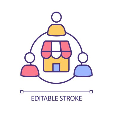 Ortak mülkiyet RGB renk simgesi. Sadık müşteri tabanı. Ortaklık pazarlaması. Perakende iş ortakları. Ticaret platformu. İzole vektör çizimi. Basit bir çizgi çizimi. Düzenlenebilir vuruş