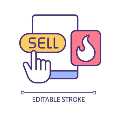 Çevrimiçi ateşli anlaşmalar RGB renk simgesi. Trend ürünleri satmak. Çevrimiçi ekommerce. Yüksek kâr marjlı ürünler. Teslimat dükkanı. İzole vektör çizimi. Basit bir çizgi çizimi. Düzenlenebilir vuruş