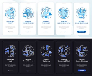 Genişlemenin önemi karanlık, aydınlık mobil uygulama sayfası ekranı. Kavramlarla birlikte 5 aşamalı grafik talimatlar. UI, UX, GUI vektör şablonu doğrusal gece ve gündüz kip çizimleri