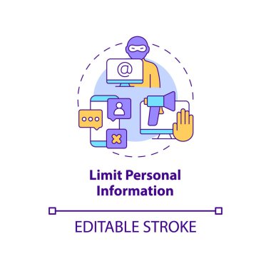 Kişisel bilgi sınırlama kavramı simgesi. Çevrimiçi özeli, soyut ve ince çizgi çizimlerini koruyorum. İnternette veri kaydediliyor. Vektör izole edilmiş dış hat renk çizimi. Düzenlenebilir vuruş