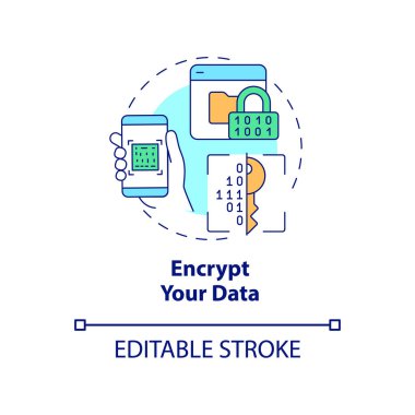 Veri şifreleme konsepti simgesi. Kişisel bilgi koruması online soyut fikir ince çizgi çizimi. Güvenli internet sörfü. Vektör izole edilmiş dış hat renk çizimi. Düzenlenebilir vuruş