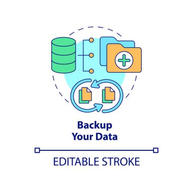 Veri yedekleme konsepti simgesi. Fikrin soyut ve ince çizgilerini korumak için bilgi depolamayı kopyala. Kişisel güvenlik teknolojisi. Vektör izole edilmiş dış hat renk çizimi. Düzenlenebilir vuruş