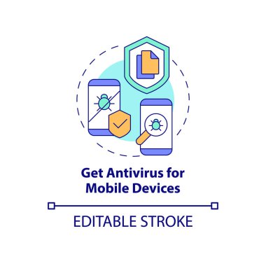 Mobil aygıt konsepti için antivirüs. Kişisel bilgi koruması soyut fikir ince çizgi çizimi. Mahremiyet çevrimiçi. Vektör izole edilmiş dış hat renk çizimi. Düzenlenebilir vuruş