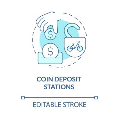 Bozuk para mevduat istasyonları mavi konsept simgesi. Bisiklet paylaşım kategorisi soyut fikir ince çizgi çizimi. Kısa süreli bisiklet kiralama. Bozuk para girişi. Vektör izole edilmiş dış hat renk çizimi. Düzenlenebilir vuruş