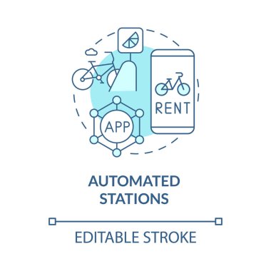 Otomatik istasyonlar mavi konsept simgesi. Bisiklet paylaşım kategorisi soyut fikir ince çizgi çizimi. Akıllı telefon uygulaması kullanıyor. Üçüncü nesil. Vektör izole edilmiş dış hat renk çizimi. Düzenlenebilir vuruş
