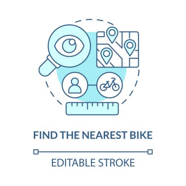 En yakın bisiklet mavi konsept simgesini bul. Bisiklet paylaşımı soyut fikir ince çizgi çizimi. Yanaşma istasyonunun tarifi alınıyor. Vektör izole edilmiş dış hat renk çizimi. Düzenlenebilir vuruş