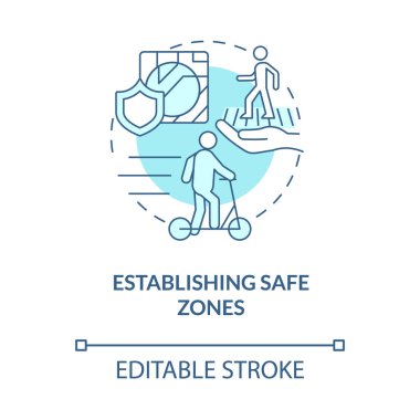 Güvenli bölge mavi konsept simgesi oluşturuluyor. Scooter paylaşım yönetmeliği soyut fikir ince çizgi çizimi. Yayalar için yol güvenliği var. Vektör izole edilmiş dış hat renk çizimi. Düzenlenebilir vuruş
