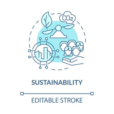 Sürdürülebilirlik mavi konsept simgesi. Scooter paylaşım fikri soyut ve ince çizgilerden yararlanıyor. Sürdürülebilir taşıma kullanılıyor. Hava kalitesini arttır. Vektör izole edilmiş dış hat renk çizimi. Düzenlenebilir vuruş