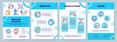 Scooter broşür paylaşıyor. Teknoloji yararları. Broşür, broşür, broşür baskısı, doğrusal simgelerle kaplama tasarımı. Sunum için vektör düzenleri, yıllık raporlar, reklam sayfaları