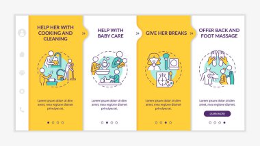Gebelik sırasındaki aile desteği. Simgeli ilgili mobil web sitesi. Web sayfasında 4 basamaklı ekranlar. Doğrusal çizimlerle pişirme rengi kavramında ona yardım et