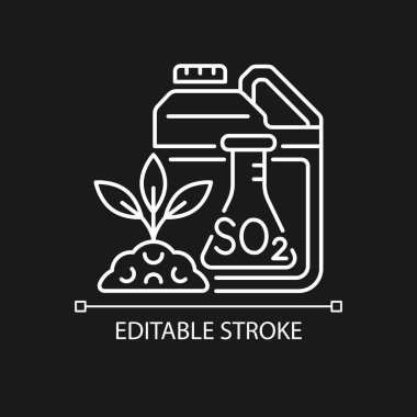 Koyu renk tema için sülfür gübre doğrusal simgesi. Bitkiler ve ekinler besleniyor. Büyüme artıyor. İnce çizgi özelleştirilebilir illüstrasyon. Gece modu için izole vektör kontur sembolü. Düzenlenebilir vuruş