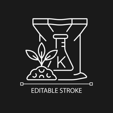 Karanlık tema için potasyum gübre beyaz doğrusal simge. Bitkiler büyüyor. Bitki gıdası. İnce çizgi özelleştirilebilir illüstrasyon. Gece modu için izole vektör kontur sembolü. Düzenlenebilir vuruş