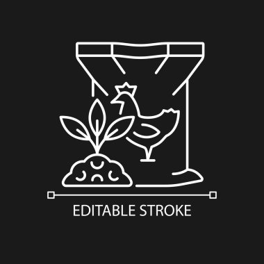 Koyu renk tema için tavuk gübresi doğrusal simgesi. Bitkiler ve ekinler organik olarak besleniyor. İnce çizgi özelleştirilebilir illüstrasyon. Gece modu için izole vektör kontur sembolü. Düzenlenebilir vuruş