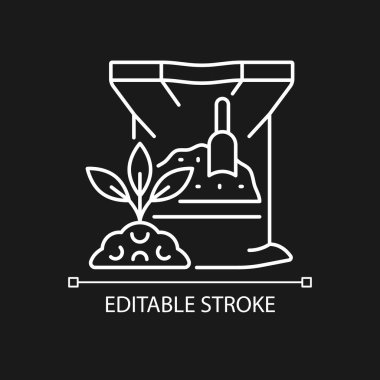 Karanlık tema için kuru gübre doğrusal simgesi. Bitkiler için katkı maddelerinin karışımı. Büyüme artıyor. İnce çizgi özelleştirilebilir illüstrasyon. Gece modu için izole vektör kontur sembolü. Düzenlenebilir vuruş