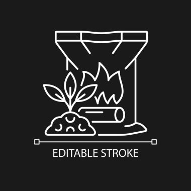 Karanlık tema için ahşap kül doğrusal simgesi. Organik bitkiler ve ekinler gübre. Toprak doğal takviye. İnce çizgi özelleştirilebilir illüstrasyon. Gece modu için izole vektör kontur sembolü. Düzenlenebilir vuruş