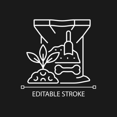 Koyu tema için kemik yemeği doğrusal simgesi. Toprak takviyesi için organik toz. Kalsiyum ve fosfor. İnce çizgi özelleştirilebilir illüstrasyon. Gece modu için izole vektör kontur sembolü. Düzenlenebilir vuruş