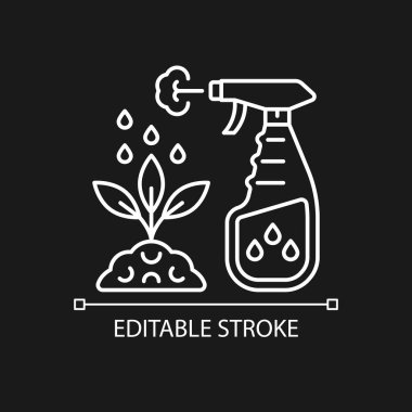 Karanlık tema için sprey gübre doğrusal simgesi. Bitki yaprakları için sıvı madde. Foliar takviyesi. İnce çizgi özelleştirilebilir illüstrasyon. Gece modu için izole vektör kontur sembolü. Düzenlenebilir vuruş