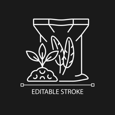 Koyu tema için tüy yemek doğrusal simgesi. Organik toprak ve bitki takviyesi. Doğal katkı maddesi. İnce çizgi özelleştirilebilir illüstrasyon. Gece modu için izole vektör kontur sembolü. Düzenlenebilir vuruş