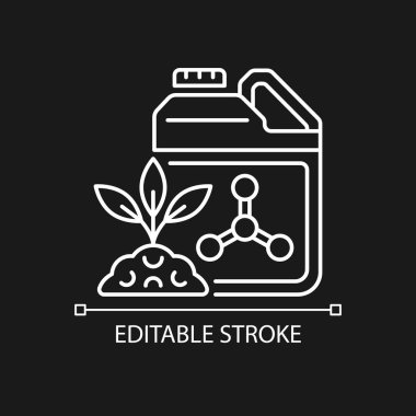 Karanlık tema için sentetik gübreler doğrusal simge. Bitkileri beslemek için inorganik madde. İnce çizgi özelleştirilebilir illüstrasyon. Gece modu için izole vektör kontur sembolü. Düzenlenebilir vuruş