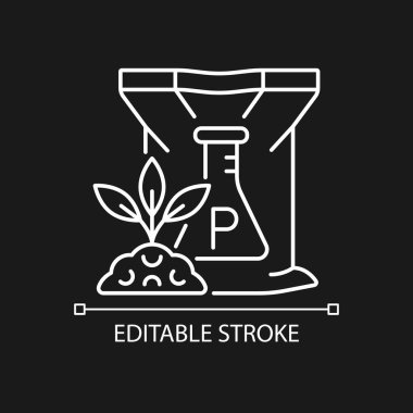 Karanlık tema için fosfor gübre doğrusal simgesi. Zemin ve bitkiler için kimyasal takviye. İnce çizgi özelleştirilebilir illüstrasyon. Gece modu için izole vektör kontur sembolü. Düzenlenebilir vuruş