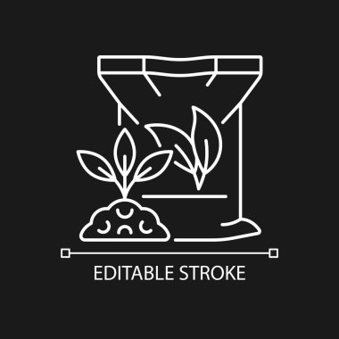Karanlık tema için organik gübreler doğrusal simge. Toprak için doğal takviyeler. Zemin zenginleştirici. İnce çizgi özelleştirilebilir illüstrasyon. Gece modu için izole vektör kontur sembolü. Düzenlenebilir vuruş