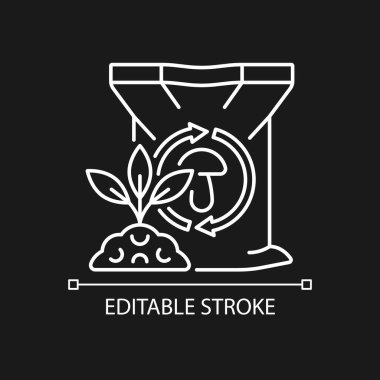 Koyu renk tema için mantar gübresi doğrusal simgesi. Bitkiler ve toprak için organik takviye. İnce çizgi özelleştirilebilir illüstrasyon. Gece modu için izole vektör kontur sembolü. Düzenlenebilir vuruş