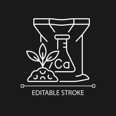 Koyu renk tema için kalsiyum gübresi doğrusal simge. Bitkiler için kimyasal ve organik takviyeler. İnce çizgi özelleştirilebilir illüstrasyon. Gece modu için izole vektör kontur sembolü. Düzenlenebilir vuruş