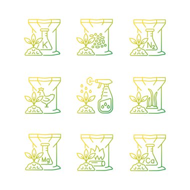 Granüler gübreler doğrusal vektör simgeleri ayarlandı. Toprak için kuru besinler. Bitkiler büyür ve gelişir. İnce çizgili sembol demetleri. İzole edilmiş taslak illüstrasyon koleksiyonu