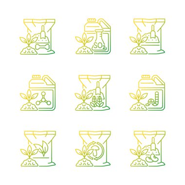 Doğal gübreler doğrusal vektör simgeleri ayarlandı. Zemin ve bitkiler için organik katkı maddeleri. Büyüme artıyor. İnce çizgili sembol demetleri. İzole edilmiş taslak illüstrasyon koleksiyonu