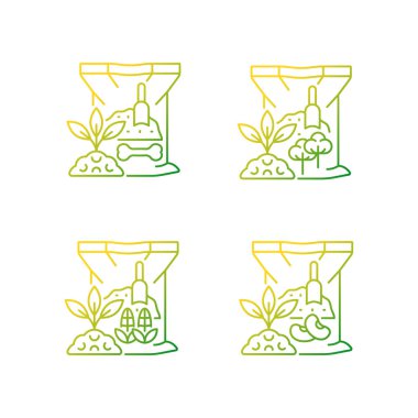 Organik takviyeler doğrusal vektör simgeleri ayarlandı. Toprak için doğal gübreler. Büyüme artıyor. Kuru katkı maddesi. İnce çizgili sembol demetleri. İzole edilmiş taslak illüstrasyon koleksiyonu