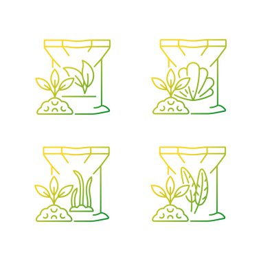Doğal bitki yemeği gradyan doğrusal vektör simgeleri ayarlandı. Kabuk, tüy tozu. Katkı maddesi olarak kullanılan yan ürün. Büyüme güçlendirici. İnce çizgili sembol demetleri. İzole edilmiş taslak illüstrasyon koleksiyonu