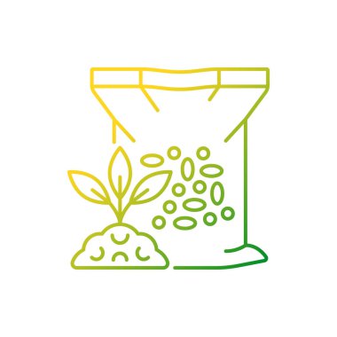 Granüler gübre gradyan doğrusal vektör ikonu. Bitkiler büyüyor. Çimenler ve ekinler besleniyor. İnce çizgi renk sembolü. Modern tarz pictogram. Vektör izole çizimi