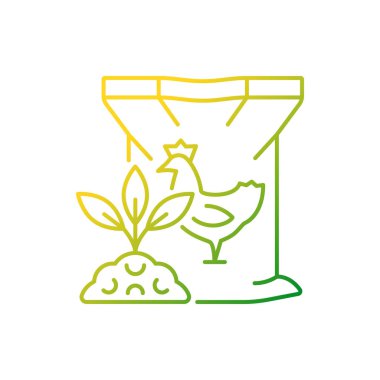 Tavuk gübresi eğimli doğrusal vektör simgesi. Bitkiler ve ekinler organik olarak besleniyor. Büyüme, doğurganlık artıyor. İnce çizgi renk sembolü. Modern tarz pictogram. Vektör izole çizimi