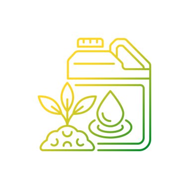 Sıvı gübre gradyan doğrusal vektör ikonu. Sıvı takviyesi karışımı. Döküyor, püskürtüyor. Bitkiler, ekinler. İnce çizgi renk sembolü. Modern tarz pictogram. Vektör izole çizimi