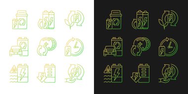 Batarya işleme simgeleri karanlık ve aydınlık moduna ayarlanıyor. Akümülatörler yeniden kullanılıyor ve geri dönüşüm yapılıyor. İnce çizgili sembol demetleri. Siyah ve beyaz üzerine izole vektör ana hatları koleksiyonu