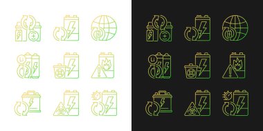Batarya, karanlık ve aydınlık mod için ayarlanmış gradyan simgelerini yeniden kullanır. Geri dönüştürülebilir toplayıcılar. İnce çizgili sembol demetleri. Siyah ve beyaz üzerine izole vektör ana hatları koleksiyonu