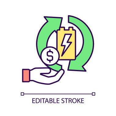 RGB renk simgesi için pil geri dönüşümü. Kazanç için eski akümülatörü sat. Geri dönüşüm etkinliğinden para kazan. Yuvarlak ekonomi. İzole vektör çizimi. Basit doldurulmuş çizgi çizimi