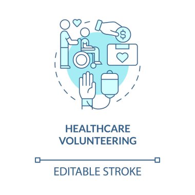 Sağlık hizmeti gönüllü mavi konsept ikonu. Klinik için insani yardım. İlaç için kan bağışı soyut fikir ince çizgi çizimi. Vektör izole edilmiş dış hat renk çizimi. Düzenlenebilir vuruş