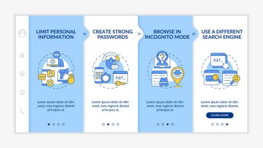Özel hayatı çevrimiçi vektör şablonunda koruyorum. Simgeli ilgili mobil web sitesi. Web sayfasında dört basamaklı ekranları gözden geçir. Doğrusal çizimlerle veri güvenliği renk kavramı