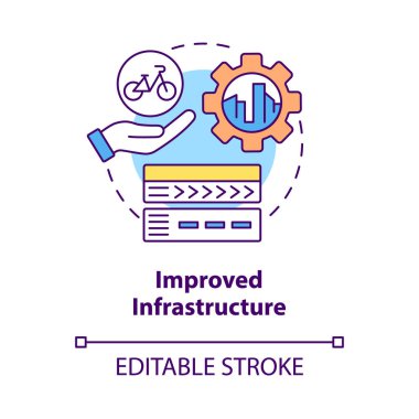 Gelişmiş altyapı konsepti ikonu. Bisiklet paylaşımı fikri soyut ve ince çizgi çiziminden yararlanır. Tamponlu bisiklet şeritleri oluşturun. Yol yeniliği. Vektör izole edilmiş dış hat renk çizimi. Düzenlenebilir vuruş