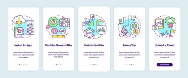 Mobil uygulama ekranında bisiklet paylaşımı kullanımı. Uygulama kuruluyor ve kavramlarla birlikte 5 adımlık grafik talimatlar uygulanıyor. UI, UX, doğrusal renk çizimleri olan GUI vektör şablonu