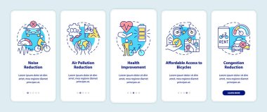 Mobil uygulama ekranında bisiklet paylaşım hedefleri. Gürültü azaltma, kavramlarla birlikte 5 adımlık grafik talimatlar. UI, UX, doğrusal renk çizimleri olan GUI vektör şablonu