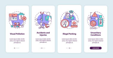 Mobil uygulama sayfa ekranında scooter paylaşım sorunları. Görsel kirlilik, konseptlerle birlikte dört adımda grafik talimatlar veriyor. UI, UX, doğrusal renk çizimleri olan GUI vektör şablonu