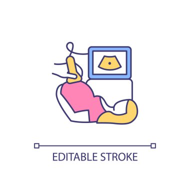 Hamilelik sırasında ultrason RGB renk simgesi. Fetüs görüntüsü gösteriliyor. Bebeğin resmini yapıyorum. Hayal etme tekniği. İzole vektör çizimi. Basit bir çizgi çizimi. Düzenlenebilir vuruş